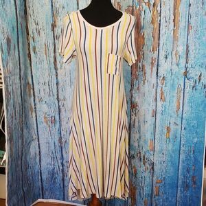 LULAROE Carly Light Grey W/ Red Yellow & Blue Stripes XSmall Short Casual Dress